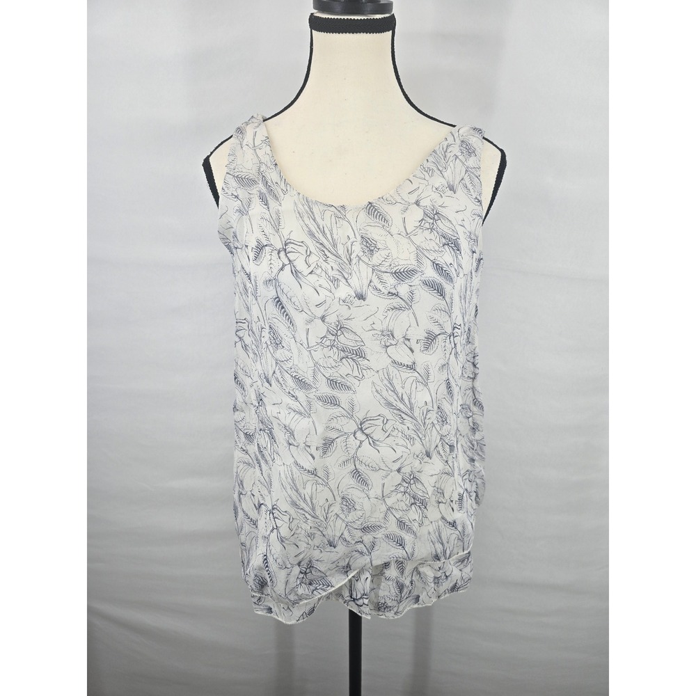 Giusy Made in Italy Blue Floral Botanical Sleeveless Scoop Neck Blouse White S‎
